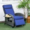 Outsunny Patio Recliner Chair, Adjustable Backrest, Cushion, Side Tray, Dark Blue, Outdoor Comfort